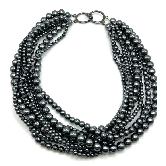 Talbots Gunmetal Silver Gray Faux Pearl Multi Strand Chunky Necklace & Bracelet - Picture 2 of 8